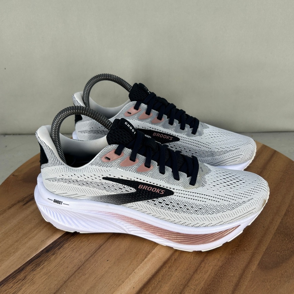 Brooks Ghost 17 Womens Running Shoes White Rose Gold Black 1204311B105 Size 7 B